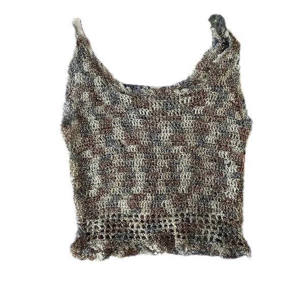 Vintage Tops - Vintage 90s Crochet Knit Metallic Tank Top Brown Silver Boho Shimmer Size S